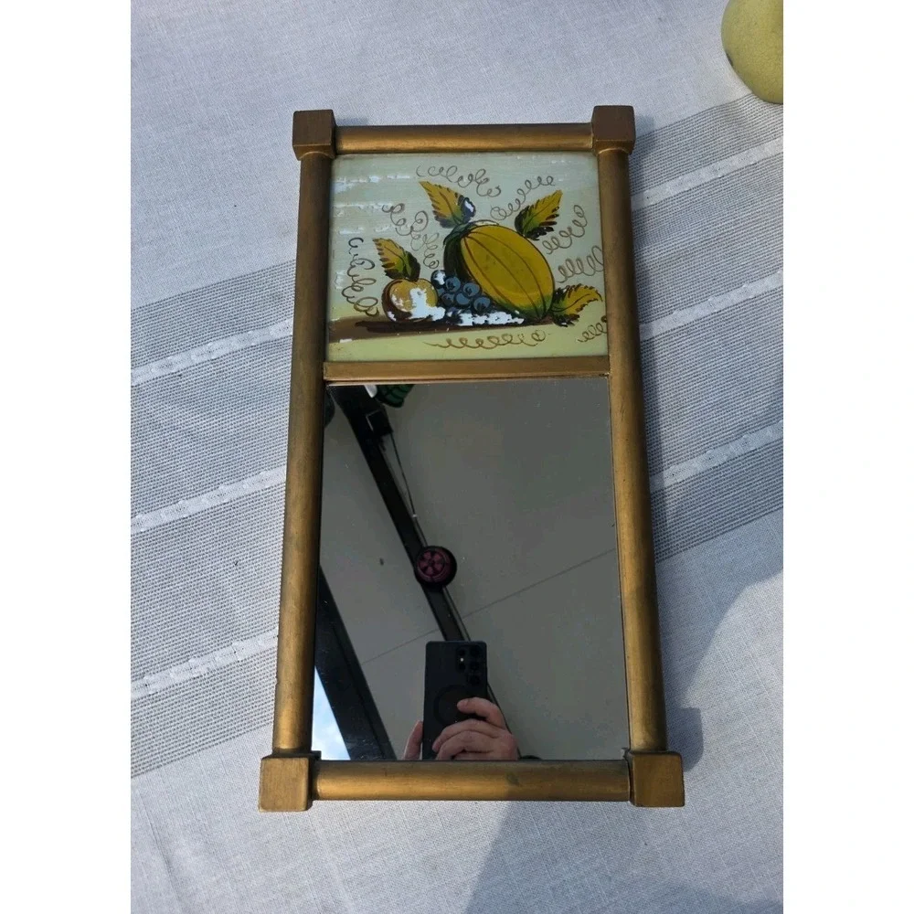 VTG 10x19.5 Gold Wood Wall Mirror Reverse Painted‎ Fruit Rustic Cottage